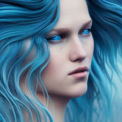 Prompt: beautiful angel, flowing hair, blue eyes, beautiful aesthetic, by james jean, trending on artstation, digital art, cinematic lightning, octane render, ultra high detail, ultra realistic, mystery