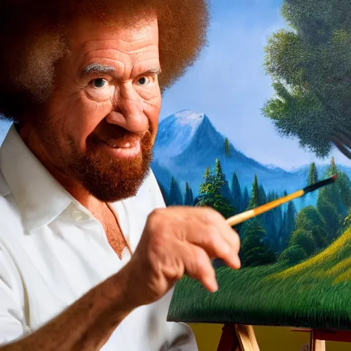 Image similar to a closeup photorealistic photograph of bob ross working on a canvas painting of mickey mouse. film still. brightly lit scene. mountains and trees. this 4 k hd image is trending on artstation, featured on behance, well - rendered, extra crisp, features intricate detail, epic composition and the style of unreal engine.