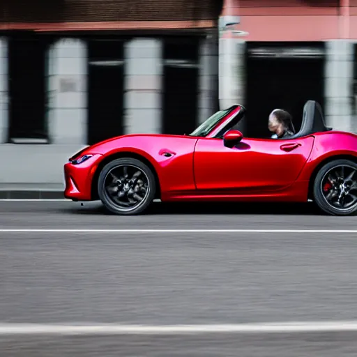 Image similar to 105mm photo of car full view mid distance photograph red Mazda Miata parked on street from 2020