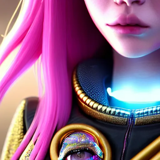 Image similar to hyperdetailed close portrait of a stunningly beautiful pink cyberpunk cute european girl with dark hair made of metals and shiny iridescent gems, dark rainbow nimbus, gold necklace, puffer jacket, inspired by ross tran and masamune shirow and kuvshinov, intricate, photorealistic, octane render, rtx, hdr, unreal engine, dnd digital art by artgerm