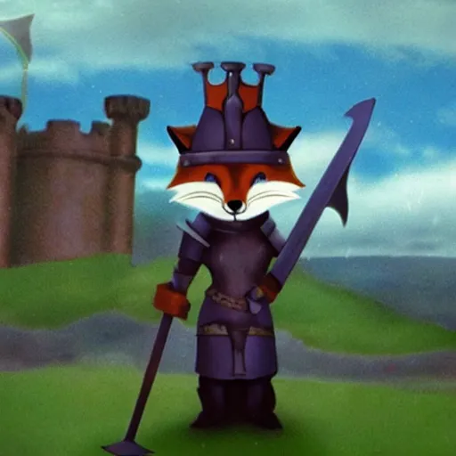 Prompt: anthropomorphic fox!! who is a medieval knight holding a sword towards a stormy thundercloud [ 1 9 3 0 s film still ], castle in the background