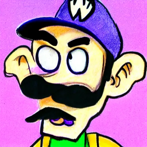 Prompt: waluigi, drawn in crayon by a 5 year old child