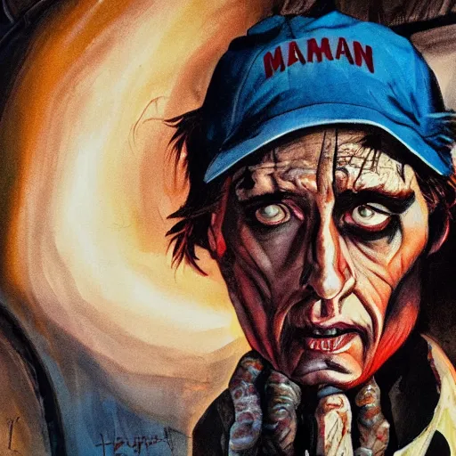 Image similar to detailed details photorealistic pictures of horror movie poster about mr trash man whose like woman and action approriated in the style of bob peak and alex ross, gouache and wash paints color, detailed facial body human environments background foreground proportionate, detailed 5 k details.