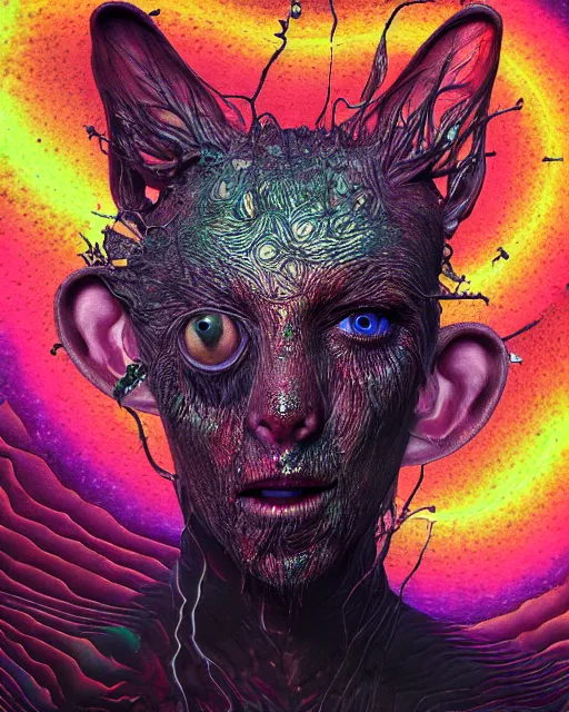 Image similar to realistic portrait of a creature experiment gone wrong, psychedelic, dark art, facing camera, photo realistic, detailed, 1 4 5 0, delicate, hyper realism, ultra realistic, 8 k