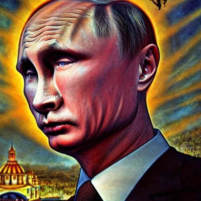 Prompt: shocked face of putin looking in grave, hyper - realistic, sharp focus, depth of field, hyper - detailed visionary art, symmetric, hell, holy halo, dramatic ambient lighting, high detail, vibrant colors,
