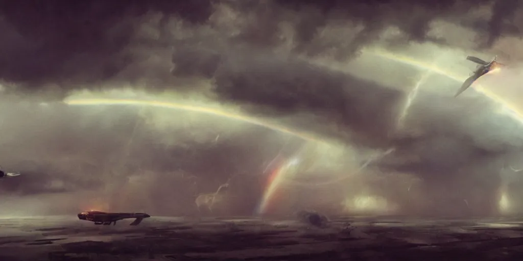 Prompt: screenshot from a renaissance airship cyberpunk cinematic masterpiece, hurricane tornado mist hail debris flying lightning, rainbow distortions, fps, cinematography, photo, photography, 4 k, by greg rutkowski, roger deakins