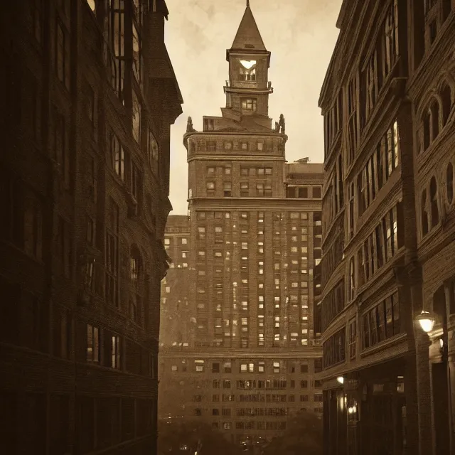 Image similar to sepia photo of a 1 9 2 0 s neo - gothic style hotel in downtown boston, overlooking a dark street, architectural, atmospheric lighting, brooding, painted, intricate, ultra detailed, well composed, best on artstation, cgsociety, epic, horror, stunning, gorgeous, intricate detail, much wow, masterpiece, cinematic aesthetic octane render, 8 k hd resolution,