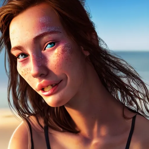 Image similar to portrait of a cute thin young woman, bronze brown hair, eye color is emerald green, red blush, cute freckles, smug smile, modern clothes, relaxing on the beach, golden hour, close up shot, 8 k, art by irakli nadar, hyperrealism, hyperdetailed, ultra realistic