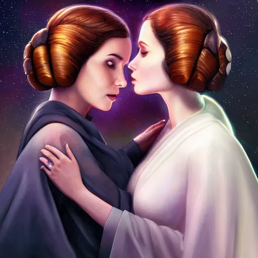 Image similar to princess leia organa and queen padme amidala holding hands, perfect face, perfect body, flirty, full body portrait, digital art by artgerm