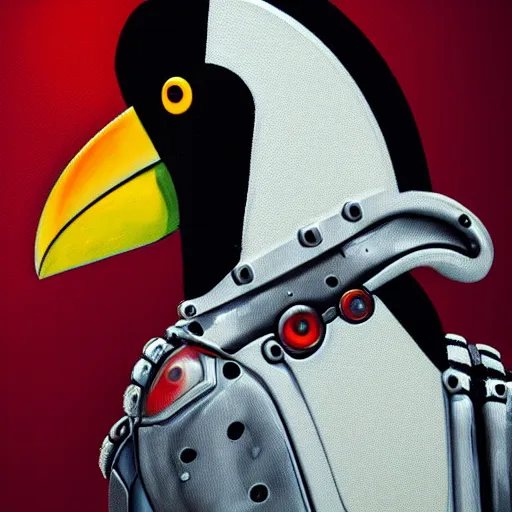 Image similar to toco toucan wearing futuristic cybernetic battle armour, dramatic lighting, portrait, realistic reflections