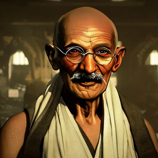 Image similar to Portrait of Mahatma Gandhi in Gears of War, splash art, movie still, cinematic lighting, dramatic, octane render, long lens, shallow depth of field, bokeh, anamorphic lens flare, 8k, hyper detailed, 35mm film grain