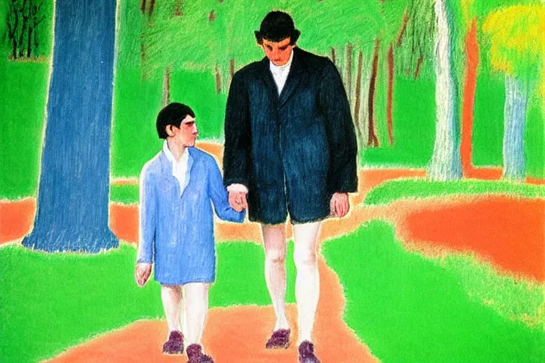 Image similar to a very tall man named John with dark hair holding the hands of a short young boy named Alex with dark hair as they walk in a park on a bright beautiful colorful day. part in the style of an edgar degas painting. part in the style of david hockney