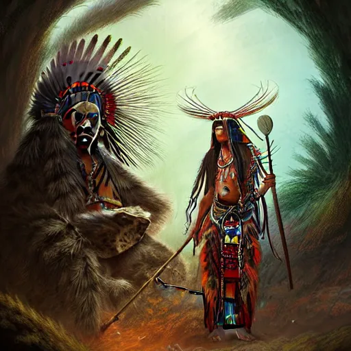 Image similar to : native american shamen fantasy, fantasy magic,, intricate, sharp focus, illustration, highly detailed, digital painting, concept art, matte, jahbu art and paul lewin masterpiece