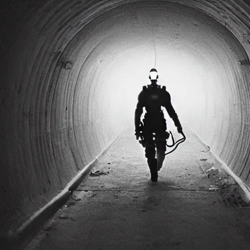 Prompt: a heavily armored man wearing a gasmask, walking through dark tunnel, holding glowing lantern, film still, arriflex 3 5