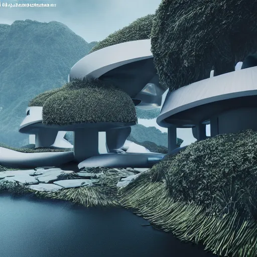 Prompt: futuristic houses in crazy locations, ultra realistic, intricate details, eerie, highly detailed, photorealistic, octane render, 8 k, vegetation, hills, water
