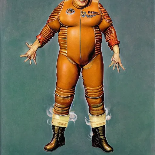 Image similar to upper body portrait of eric scott esch as baron harkonnen from the movie dune wearing a leather spacesuit finding something highly amusing, painted by norman rockwell and tom lovell and frank schoonover