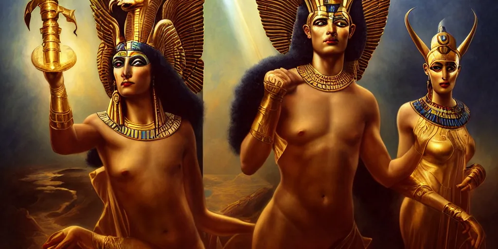 Image similar to Egyptian gods Osiris and Isis, by Rolf Armstrong and Evelyn De Morgan and Bastien Lecouffe-Deharme, dramatic lighting, high contrast colors, baroque, empyrean, panoramic view, as trending on Artstation, highly detailed, doom engine,