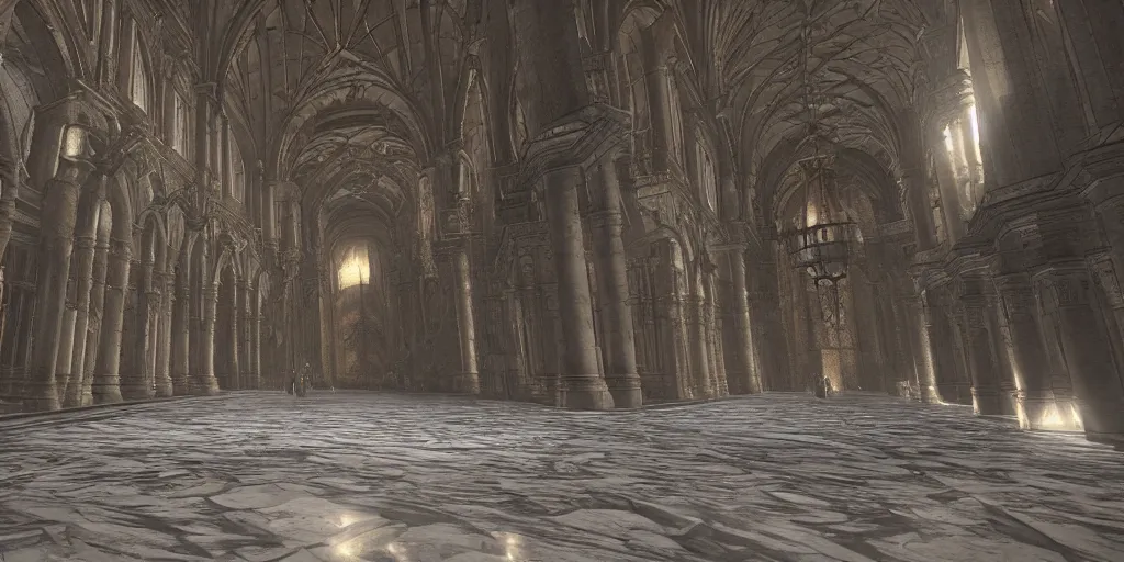 Image similar to the grand halls of anor londo, marble floors, art by kotaro chiba, volumetric lighting, epic composition