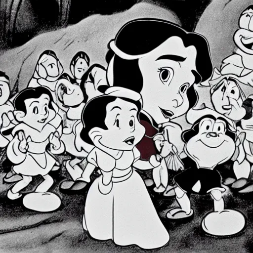 Image similar to close up of snow white and the 7 dwarfs, cinematographic shot, by walt disney cartoon