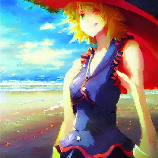 Image similar to Beautiful abstract impressionist painting of Kirisame Marisa from the Touhou project at the beach, touhou project official artwork, danbooru, oil painting by Antoine Blanchard, award winning art, oil on canvas , wide strokes, pastel colors, soft lighting