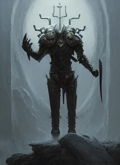 Image similar to masterpiece, nordic warrior with svalinn shield concept art, intricate matte painting, doom, elegant, majestic, epic, art by h. r. giger, greg rutkowski, josan gonzalez, alexey egorov, biomechanical armor, lightning, electricity sparks, glowing eyes