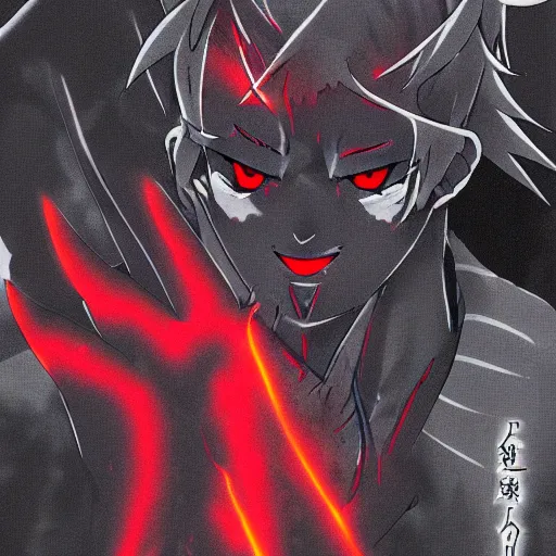 Image similar to key anime visual of a devil with glowing black eyes; lava flowing; close up shot; trending on Pixiv