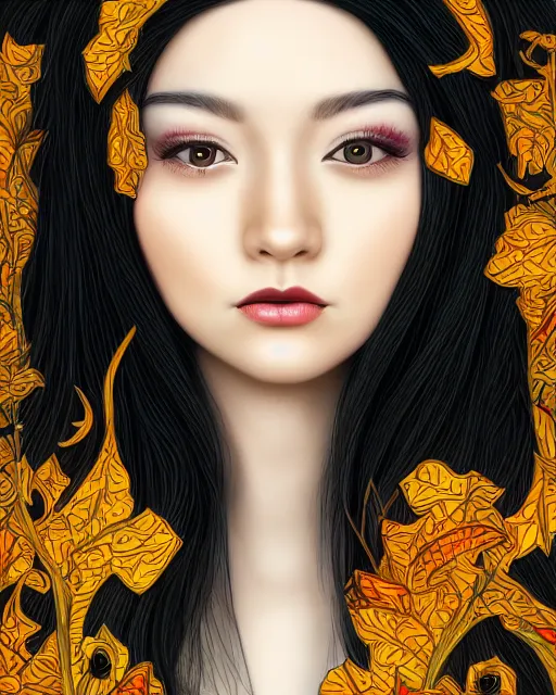 Image similar to A portrait painting of a gorgeous woman long black hair, in the style of Audrey Kawasaki, octane render, highly detailed