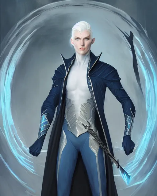 Image similar to character portrait of a slender young half elven man with white hair and piercing blue eyes and pale blue skin, wearing sleek pearlescent black armor, by greg rutkowski and mark brookes and jim burns and tom bagshaw and magali villeneuve, trending on artstation