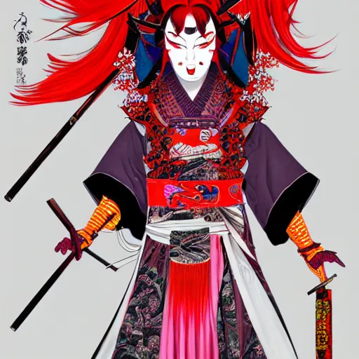 Image similar to an insane kabuki warrior wielding a spear while emitting a distorting psychedelic aura of madness, intricate hakama, red wig, crossed eyes, hazy atmosphere, high energy, trending on artstation, detailed concept art,