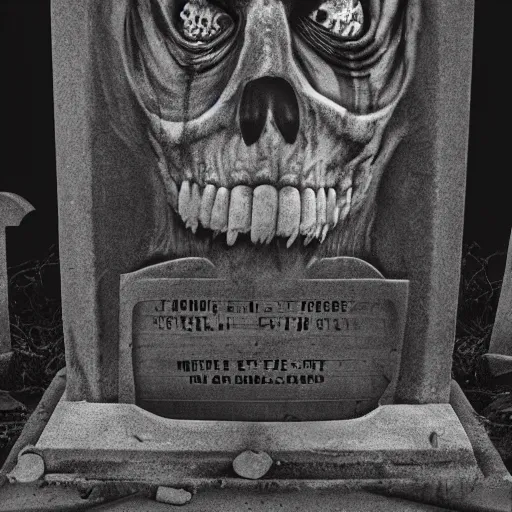 Image similar to A tombstone in a cemetery at night, thriller video, michael jackson, by Dan Scott and Laurie Lipton and Roger Ballen and Willie Ito and Gustav Doré and John Carpenter, Trending on artstation.