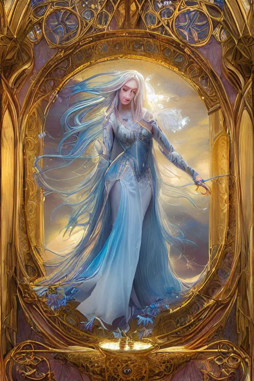 Image similar to breathtaking detailed soft painting of a knight queen with long flowing blue hair, pastel flower petals flying, at dawn in front of a pristine golden art nouveau cathedral, elegant, volumetric lighting, highly detailed, artstation, concept art, matte, sharp focus, art by pilyeon,