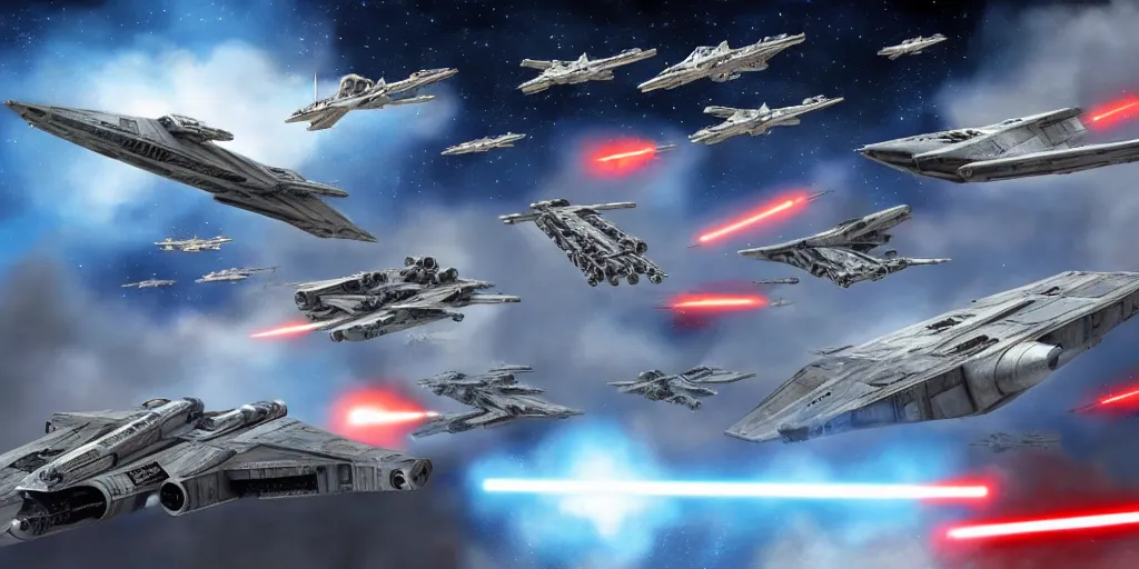 Image similar to Star Wars vs the US Air Force, fighting, planes, battlefield, trending on art station, epic battle, intense battle, large scale battle, Star War Army, United States Air Force , infantry, 8k