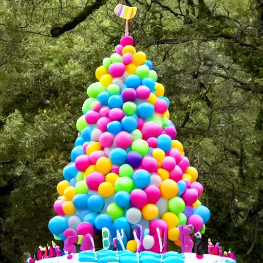 Image similar to a giant birthday cake with plenty of birthday balloons surrounding it