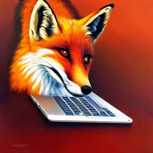 Image similar to oil painting of a fox typing on a laptop