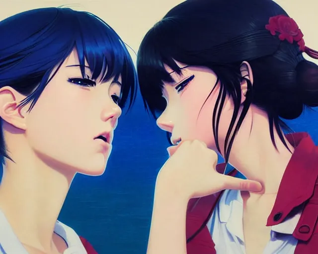 Image similar to two girls kissing | very very anime!!!, fine - face, audrey plaza, realistic shaded perfect face, fine details. anime. realistic shaded lighting poster by ilya kuvshinov katsuhiro otomo ghost - in - the - shell, magali villeneuve, artgerm, jeremy lipkin and michael garmash and rob rey