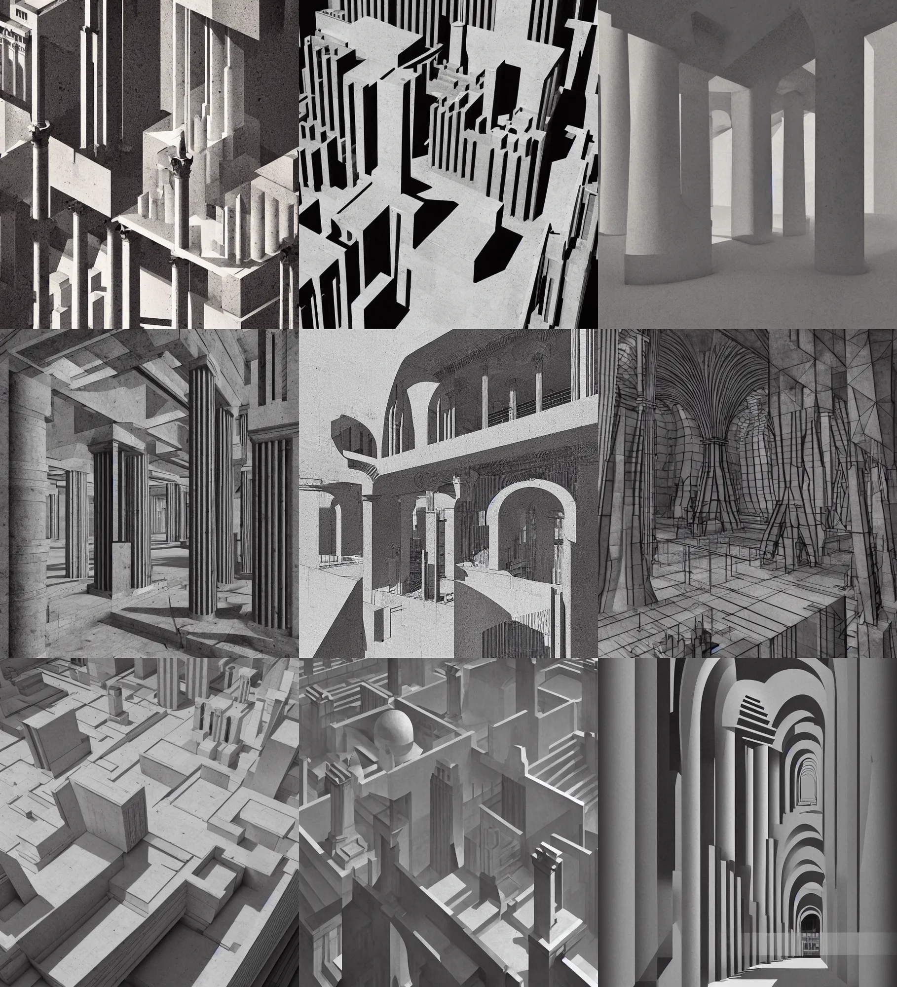 Prompt: illustration in the style of Hugh Ferriss and Giorgio de Chirico, brutal concrete interiors, roman architecture, aerial spaces, archs and columns, geometrical forms, pittura metafisica, high contrast light and shadows, low poly, 3d render, volumetric light