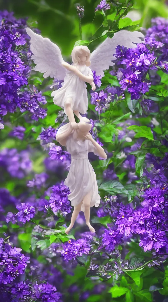 Image similar to tiny angel in a garden, hyper detailed, sharp focus, bokeh, unreal engine, ray tracing, cute, fantasy, sci fi, purple flowers, blue flowers, violet flowers, glowing flowers, tiny, small, hyper realistic, sky, spinning rings with eyes