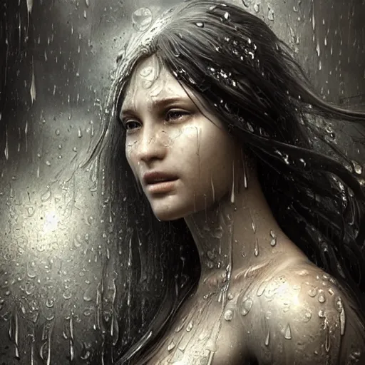 Image similar to photo realistic image of a goddess of rain, made of water, wet, stunning 3 d render inspired art by istvan sandorfi and greg rutkowski, perfect facial symmetry, realistic, highly detailed attributes and atmosphere, dim volumetric cinematic lighting,