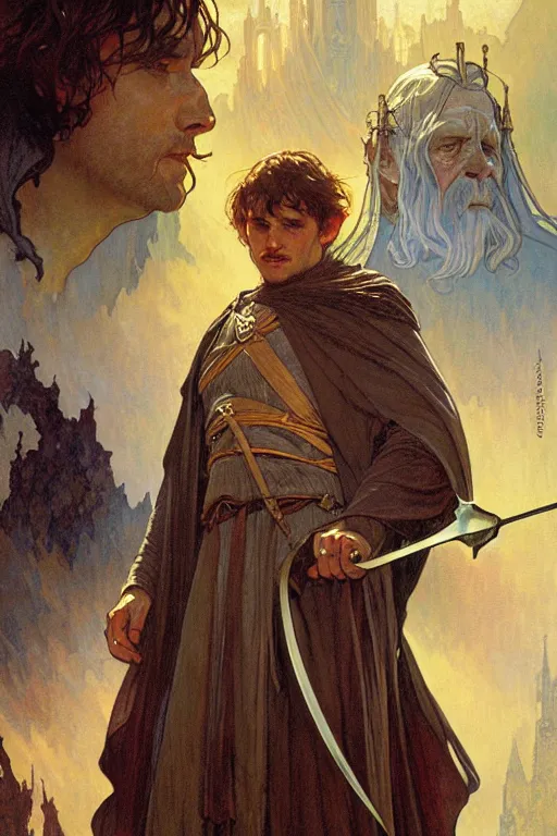 Image similar to The lord of the rings, fantasy, painting by greg rutkowski and alphonse mucha