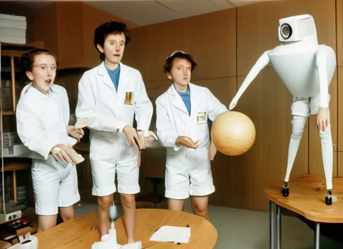 Image similar to realistic photo of a three young scientists wearing white shorts, cone heads, casting a levitating thunderbolt, in a spacious living room sci - fi laboratory with many wooden gadgets made of wood interior is made of wood 1 9 9 0, life magazine reportage photo, natural colors