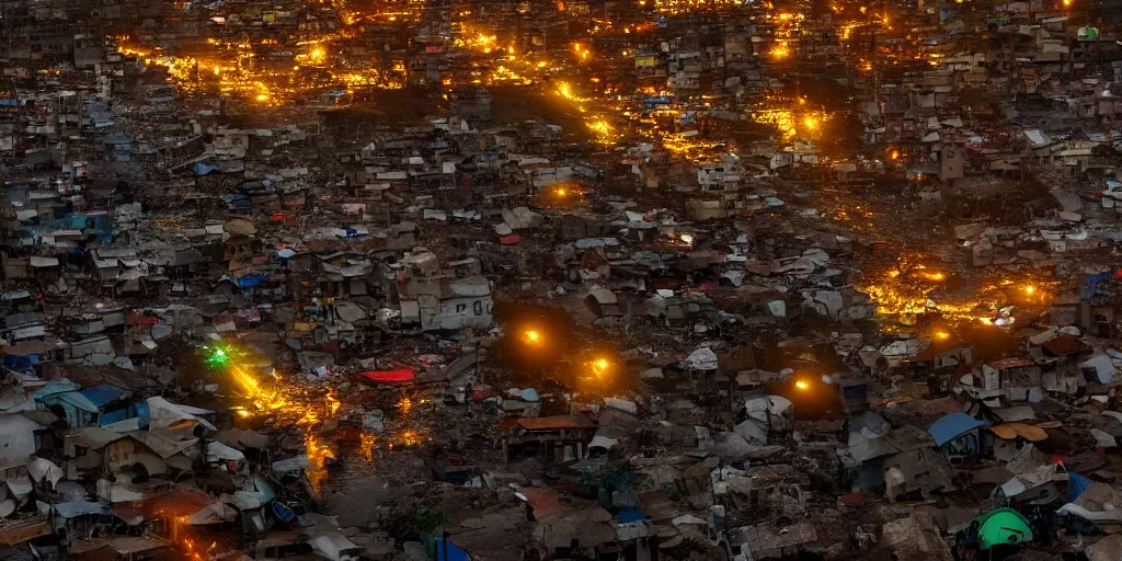 Prompt: AJEGUNLE SLUMS of Lagos surrounding large UFO within NEON rays of light, wide angle, Gold hour light, analogue photo,