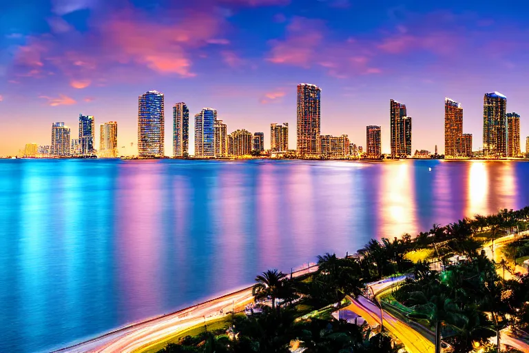 Image similar to beautiful nighttime landscape photography of Miami Florida skyline with a crystal blue ocean water, serene, dramatic lighting.