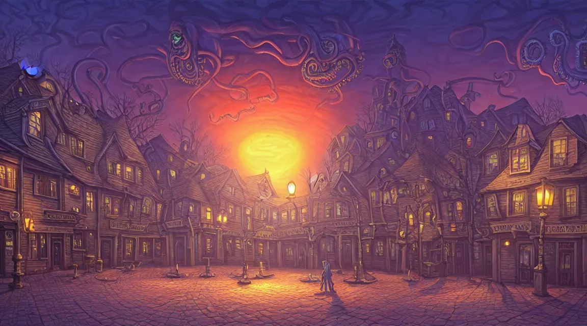 Image similar to empty lovecraftian town square surrounded by houses and inns. cthulhu statue. lovecraftian city at sunset by cyril rolando and naomi okubo and dan mumford and ricardo bofill. lovecraft. cobbled streets. oil lamp posts. lovecraftian. sunset swirly sky.