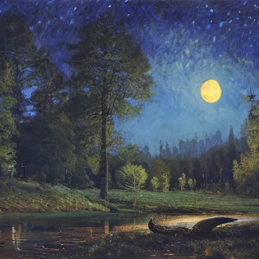 Image similar to medium shot, cinematic, the giant crescent Moon in the sky, above the night forest, soft lighting, oil on canvas, by Perov, by Levitan, masterpiece, trending on artstation, cinematic composition, beautiful lighting, sharp, details, hyper-detailed, HD