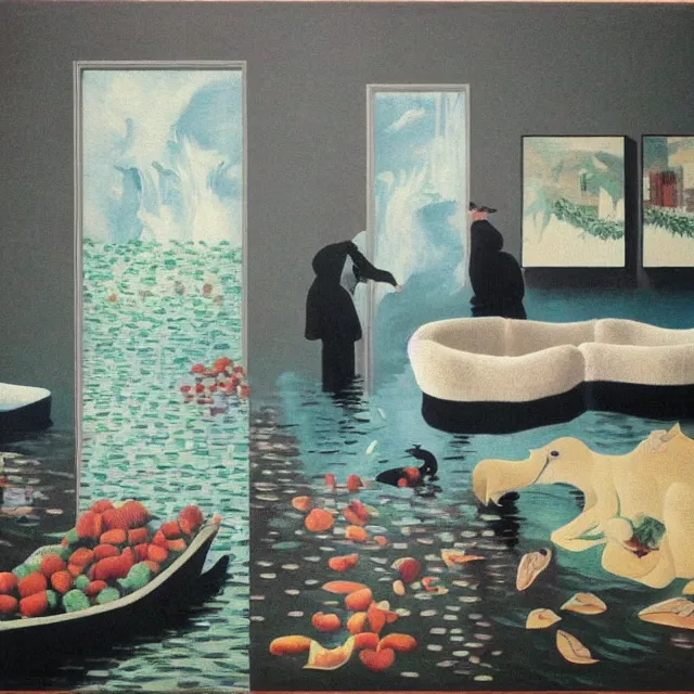 Image similar to painting of flood waters inside an apartment, tall female emo art student, a river flooding indoors, tangelos, pigs, ikebana, water, river, rapids, waterfall, black swans, canoe, pomegranate, berries dripping, acrylic on canvas, surrealist, by magritte and monet