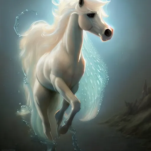 Prompt: a fantastical translucent poney made of water and foam,, ethereal, hyperalism, cute, scottish folklore, digital painting, artstation, concept art, smooth, 8 k frostbite 3 engine, ultra detailed, art by artgerm and greg rutkowski and magali villeneuve