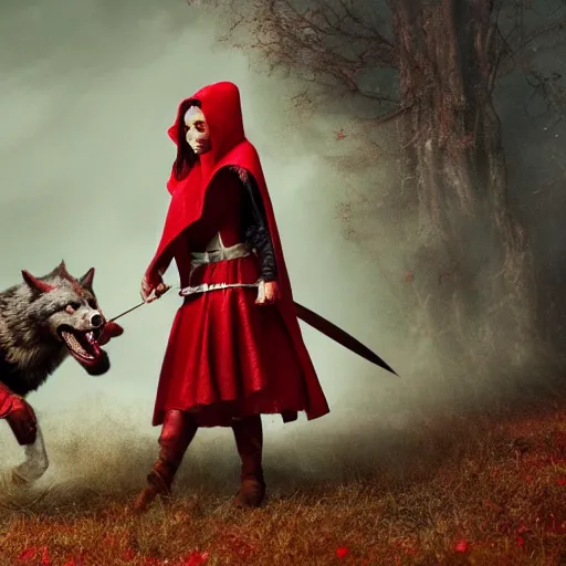 Image similar to red riding hood female warrior fending off a werewolf, highly detailed, dramatic lighting, cinematic, 4k