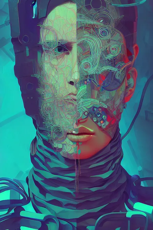 Image similar to abstract portrait, cyberpunk art, floating detailes, very detailed face, leaves by miyazaki, colorful palette illustration, kenneth blom, mental alchemy, james jean, pablo amaringo, naudline pierre, contemporary art, hyper detailed