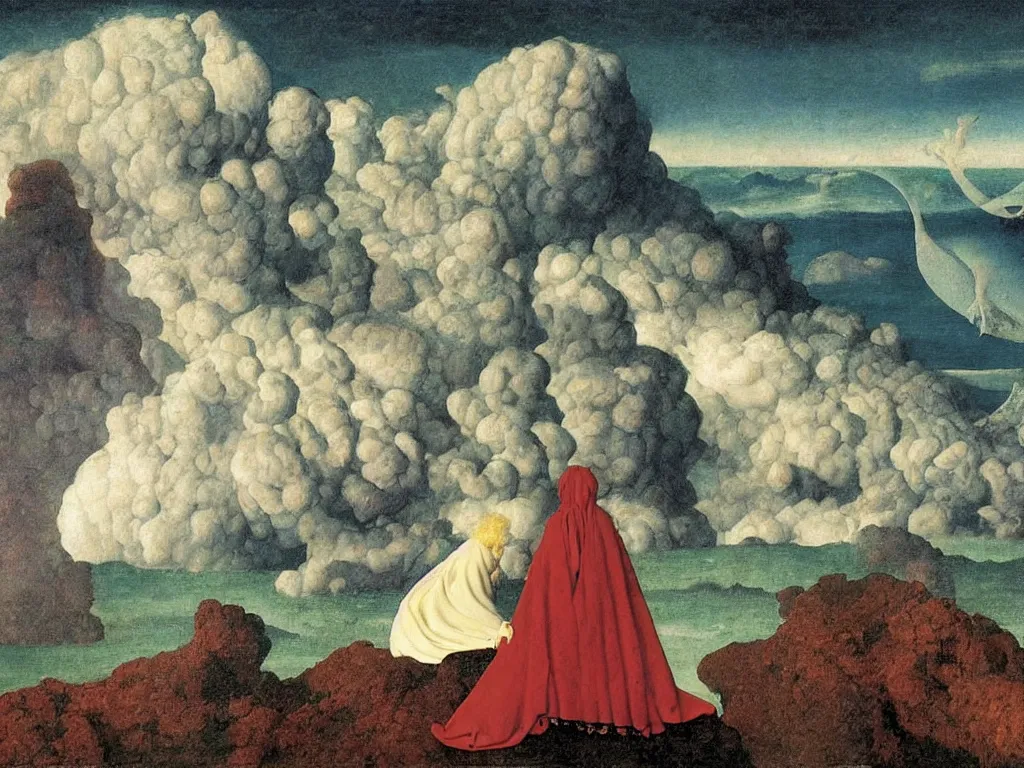 Image similar to albino mystic, with his back turned, with beautiful exotic Urchin looking at a island being engulfed, flooded by a tsunami giant wave. Painting by Jan van Eyck, Audubon, Rene Magritte, Agnes Pelton, Max Ernst, Walton Ford