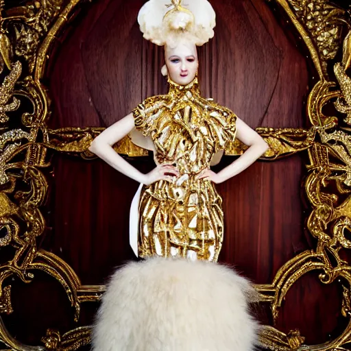 Image similar to Dress photo shoot, full body, wide-shot, head to toe, Ivory carving, gold, glitter, bizarre fashion design,